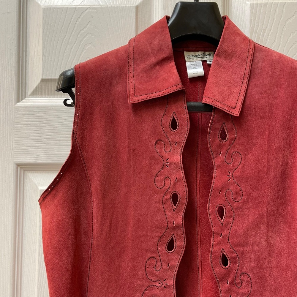 Coldwater Creek Women's Medium Red Laser Cut Leather Vest Unlined